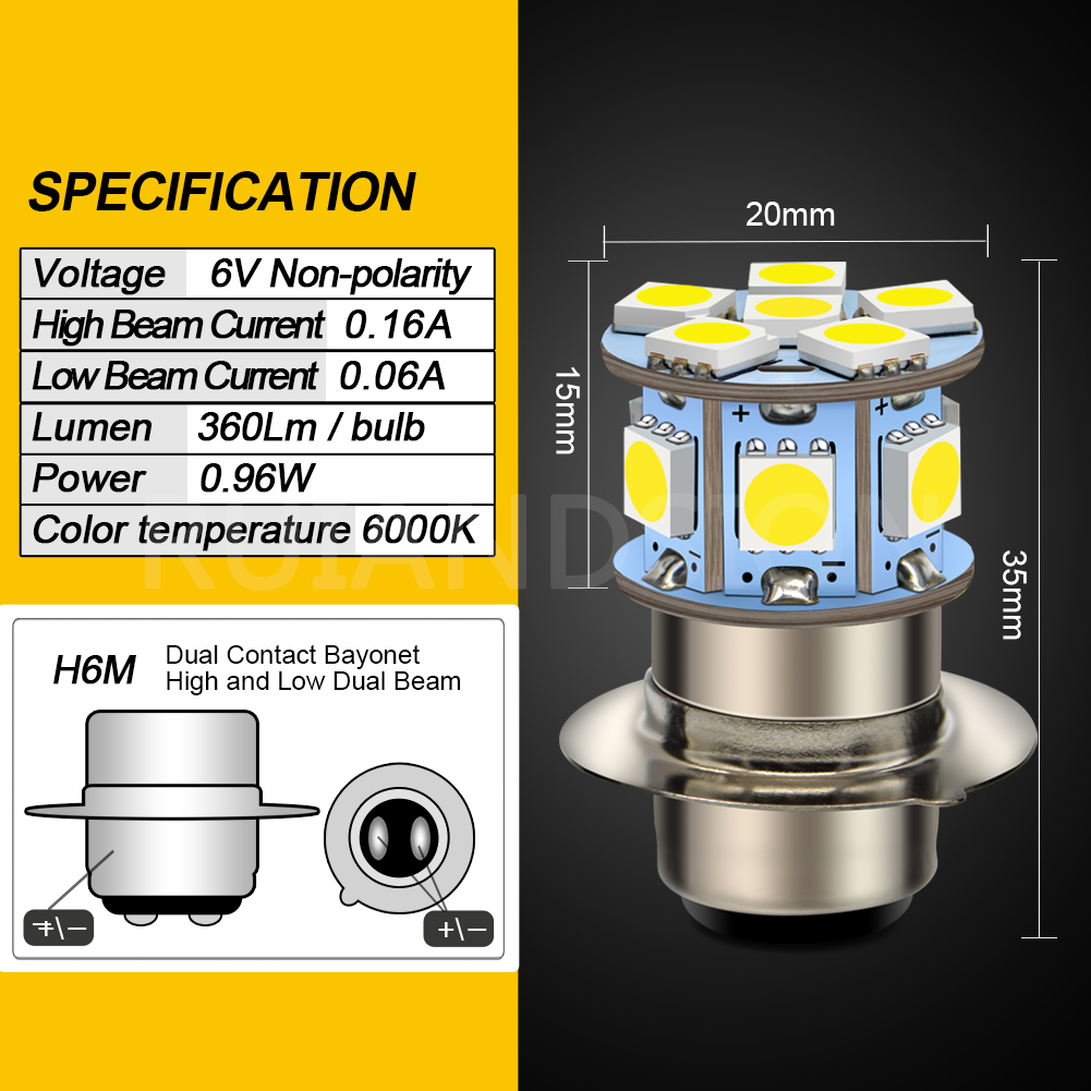 Ruiandsion H6M/P15D LED Motorcycle Headlight Bulbs Hi&Low Beam 6V 6000K White