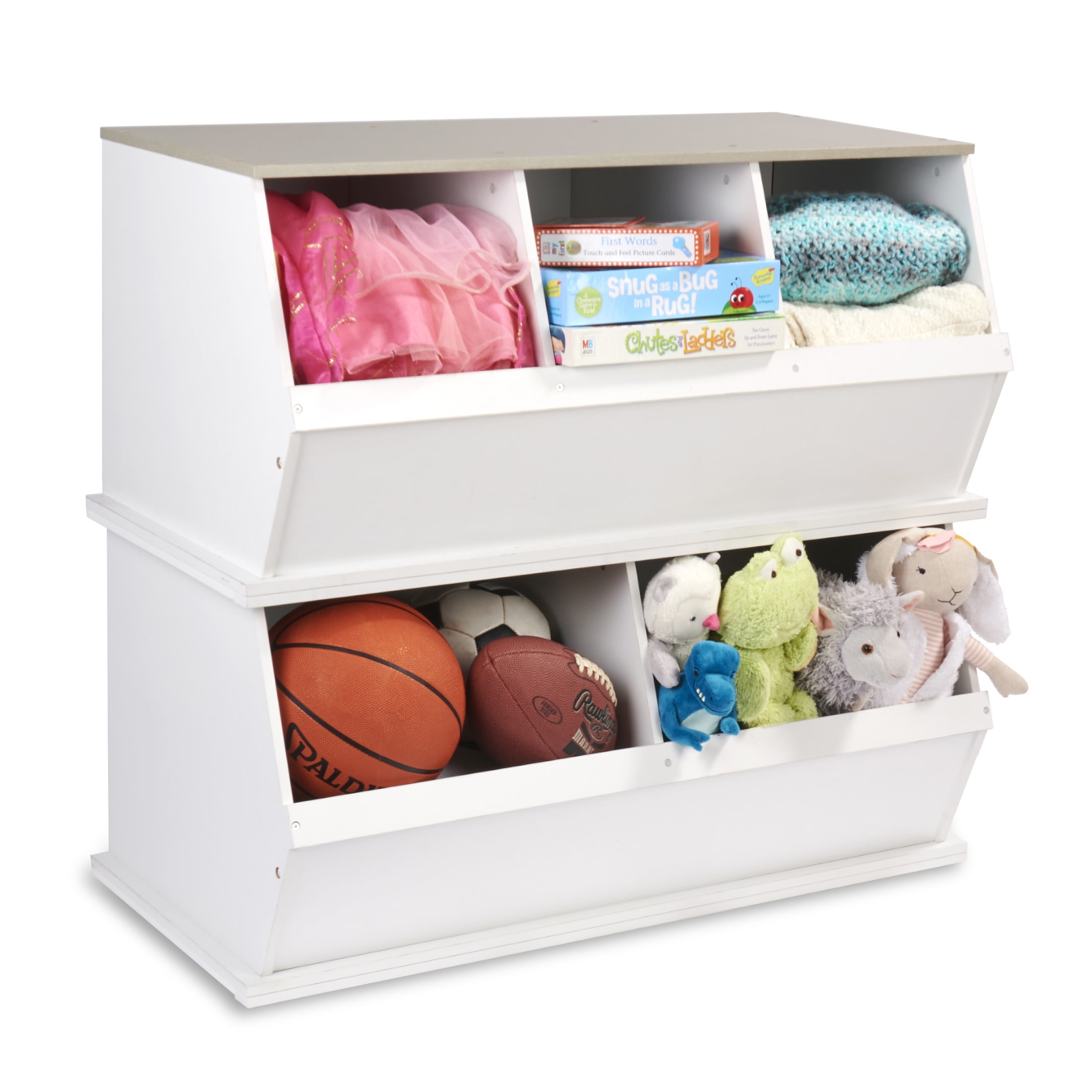 Badger Basket Children's Stackable Wooden 3-Bin 33 gal Toy Storage Cube, White & Gray