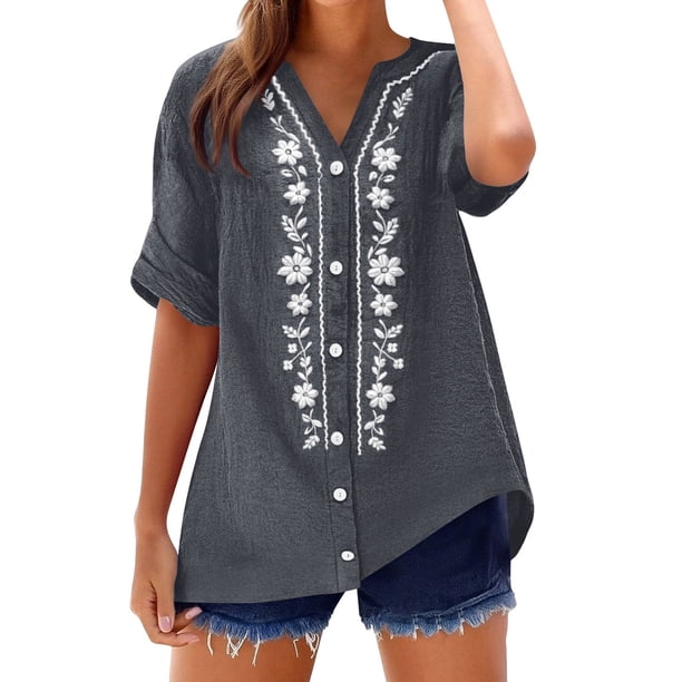 Camisetas de Cuello en V de Manga Corta para las Mujeres Casual Suelto Cuello Redondo Blusa de Verano Camisetas Cuello en V de las Mujeres