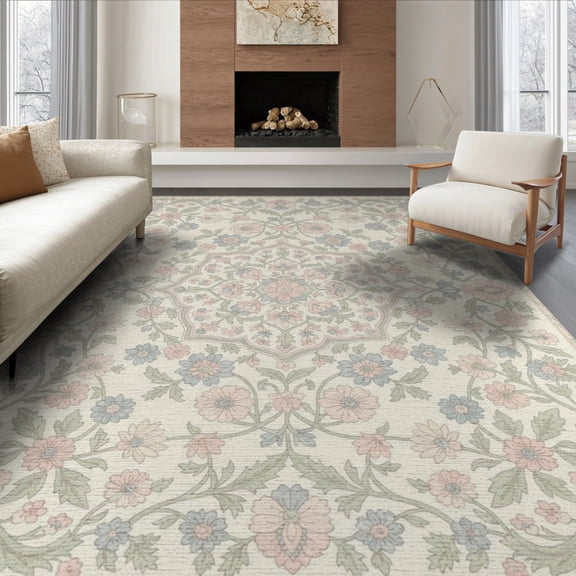 ODIKA 8'x10' Washable Area Rug Non-Shedding, Easy Care, Oushak Pink Whimsical Vine Border Blush Dorm Pastel Nursey Flowing Dynamic for King Size Bedroom Under Bed, Master Suite
