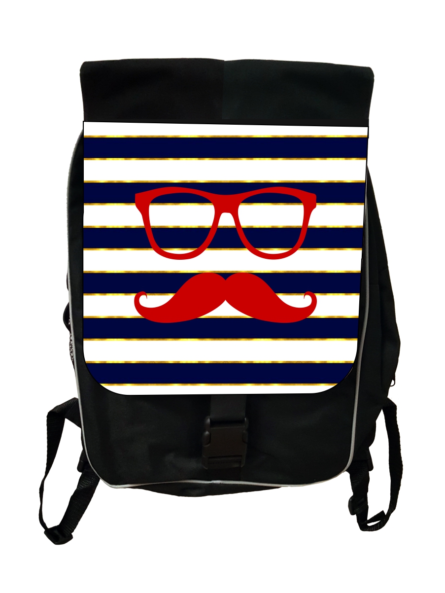 Hipster Elements Glasses and Mustache on Gilded Navy Stripes - Black School Backpack - image 1 of 4