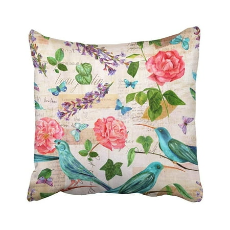 Pink Rose Throw Pillow BPBOP Watercolor Drawings Of Pink Roses Teal Blue Birds Colibri And Sparrow Lavender Pillowcase Throw Pillow Cover 18x18 inches ()