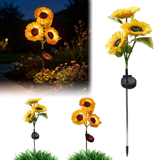Outdor Solar Three Head Sunflower Garden Lamp With Glowing For Outdoor