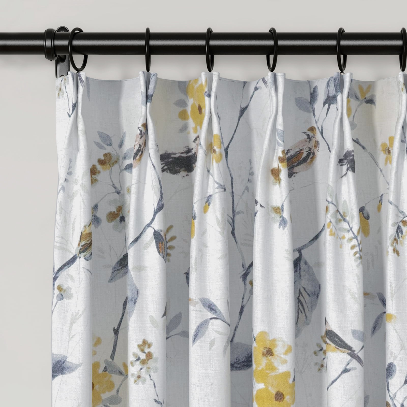 TWOPAGES 72"x84" Floral Print Light Filtering Drape Pinch Pleat Header Linen Blend Curtain for Bedroom, 1 Panel, Birds
