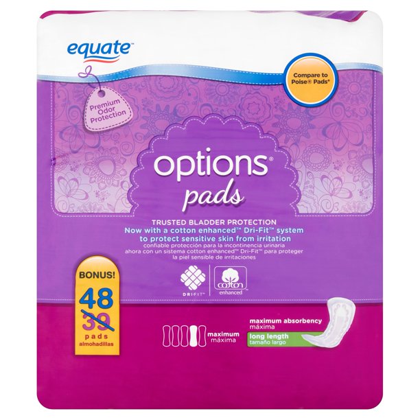 Equate Options Maximum Absorbency Long Length Bladder Control Pads, 48