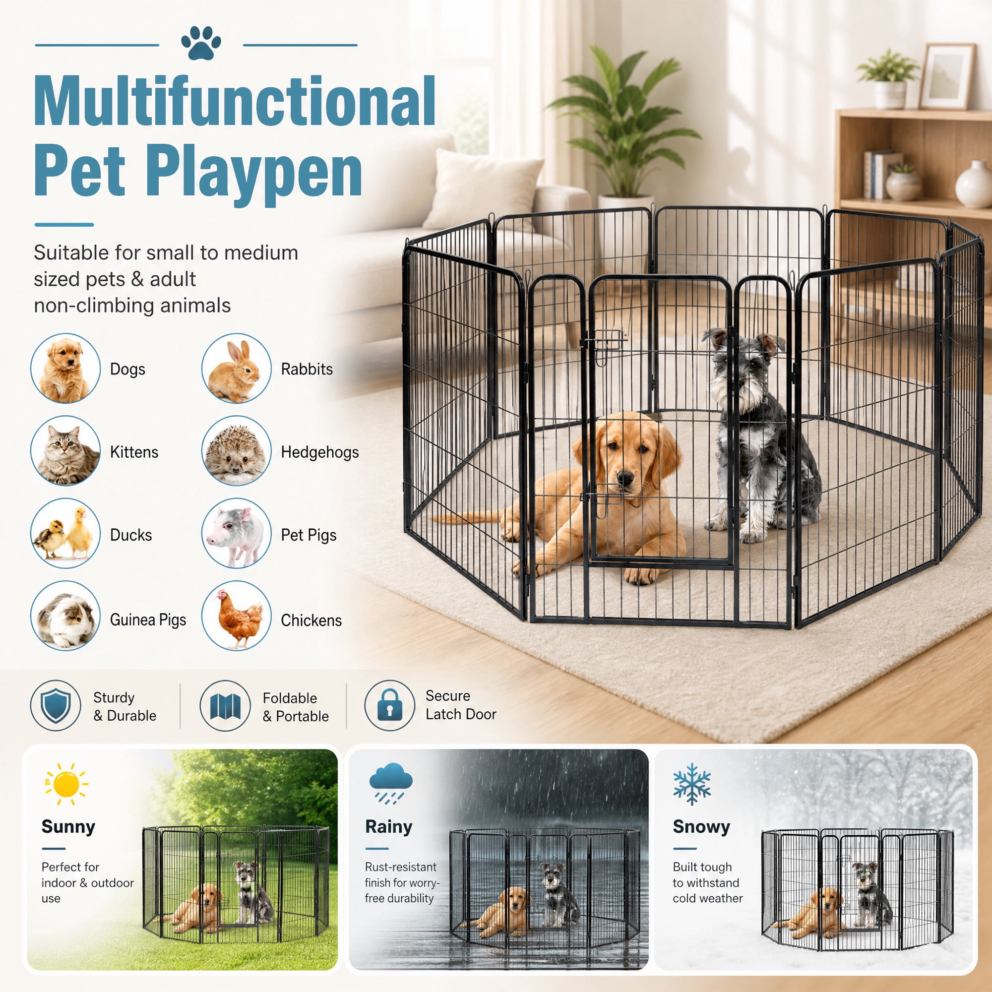 LIVIZA 8 Metal Panel Pet Gates, Dog Playpen, Portable Wire Play Pen for Pets, 40" Tall Fireplace Fence Playard, Black