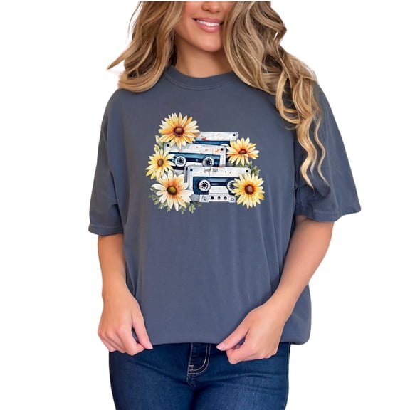 Retro Cassette Tapes with Daisies Tee, Vintage Music Lover T-Shirt, 80s 90s Aesthetic, Nostalgic Floral Graphic Shirt, Gift for Her or Him, Denim Comfort Colors T-Shirt, Small