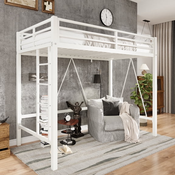 Einfach Twin Size Metal Loft Bed Frame with Movable Ladder, Full-Length Guardrail, Heavy-Duty Steel Frame, White