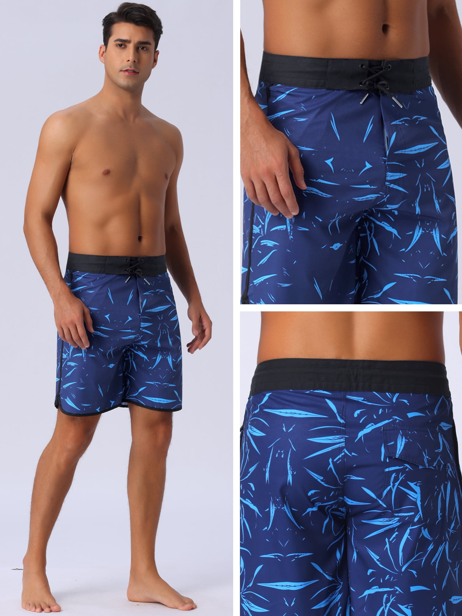 DARING DIVA Men's Elastic Waist Drawstring Hawaiian Print Athletic Swim Trunks 36 Blue