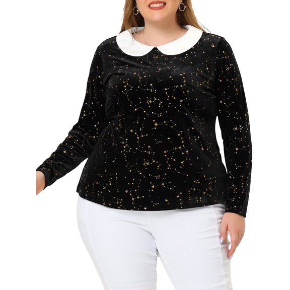 Agnes Orinda Women's Plus Size Peter Pan Collar Stars Fall Velvet Blouse 1X Black
