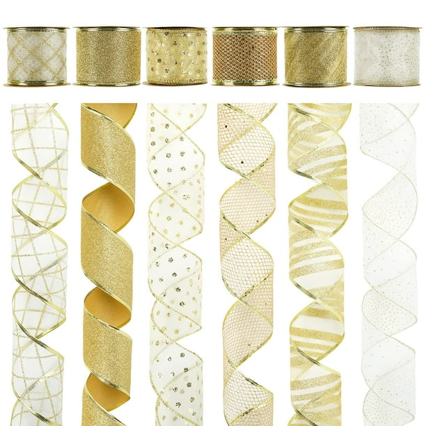 Cinta navideña Midi Ribbon, 6 rollos, con alambre dorado, 6.3 cm x 18 pies