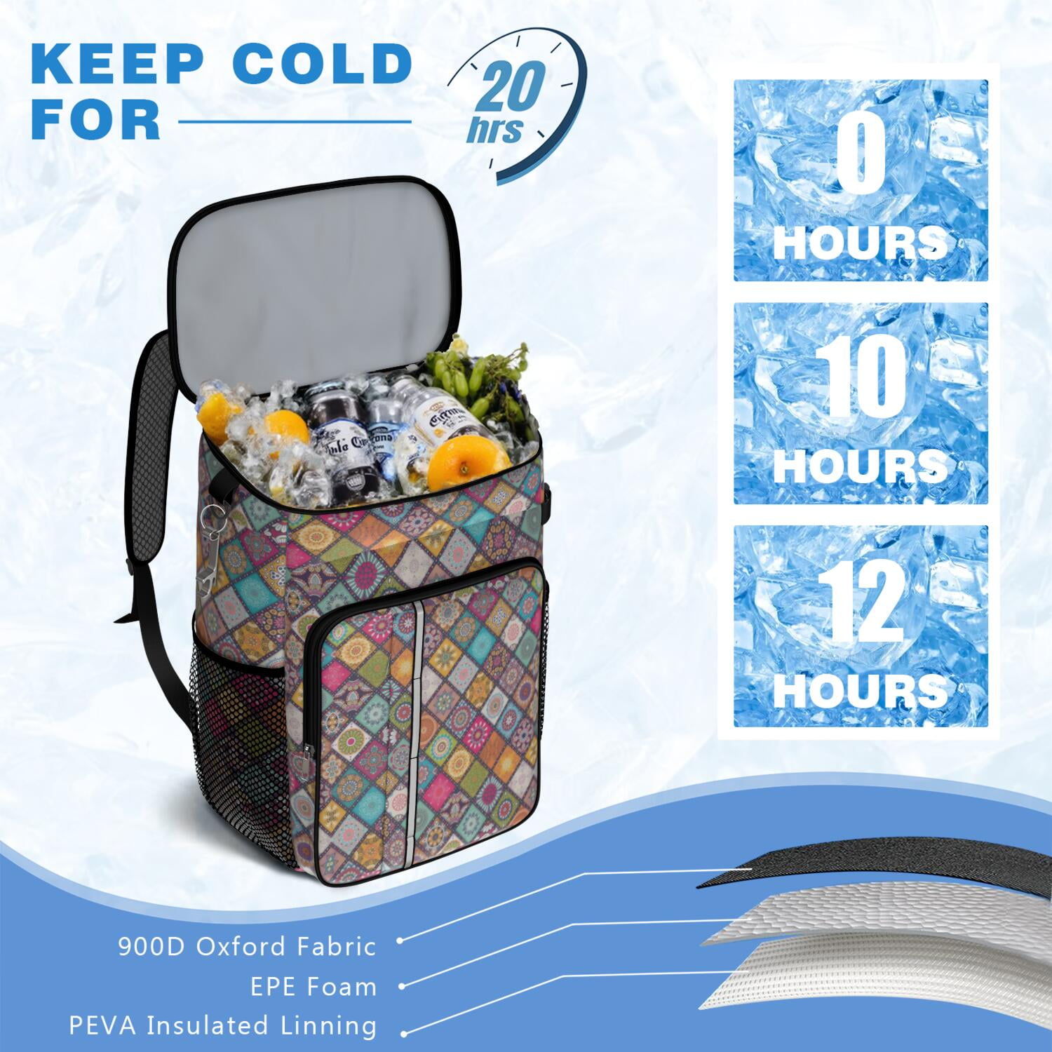 Travel Cooler Bag - Boho Bohemia Flower Camping Beer Cooler Backpack with Bottle Opener- Waterproof Insulated Picnic Backpacks - Cooler Bag for Beach