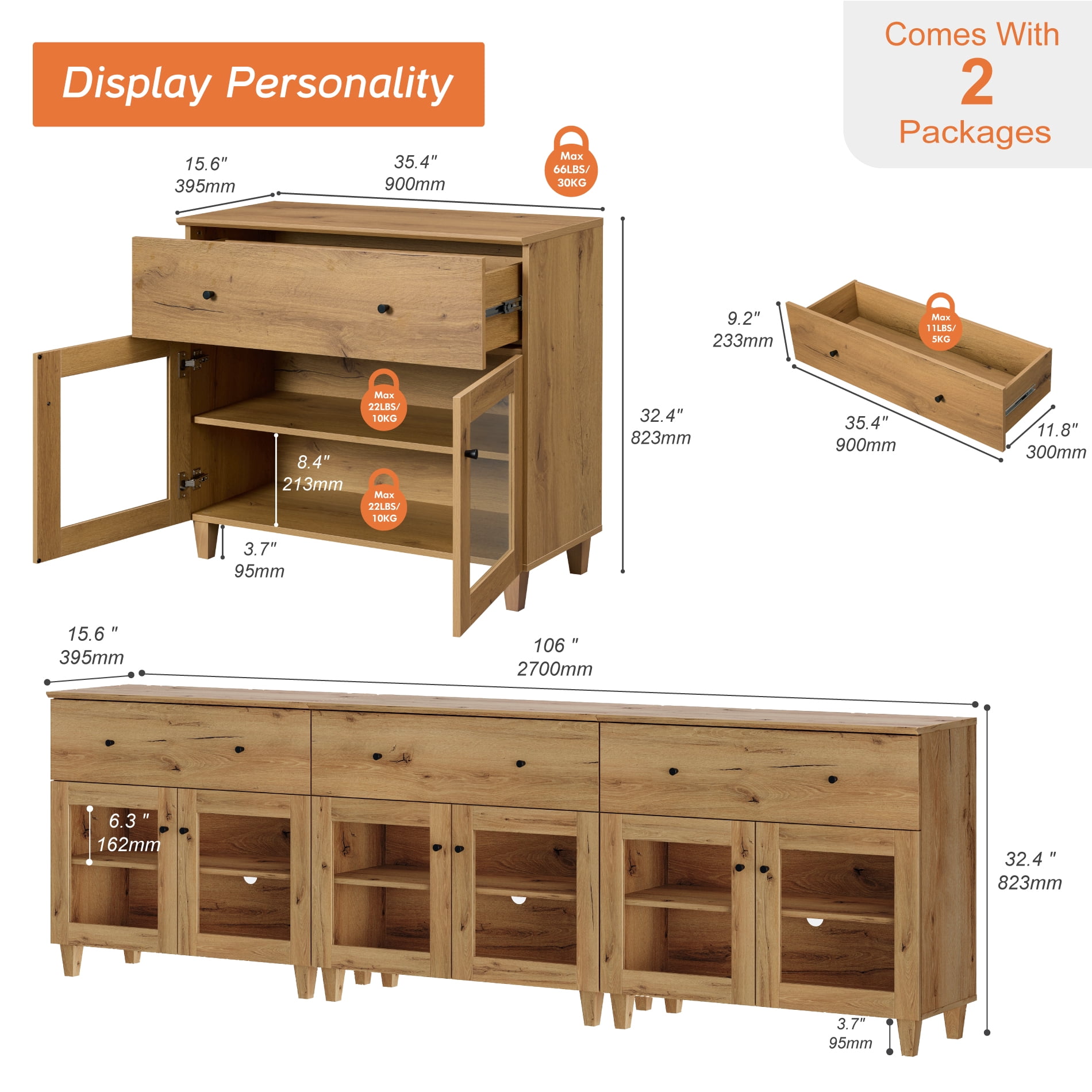 Modern Glass‑Door Dresser Cabinet, Bedroom Organizer – Wide Drawer, Fixed Shelf, Anti‑Tip, Oak Brown, 106" W