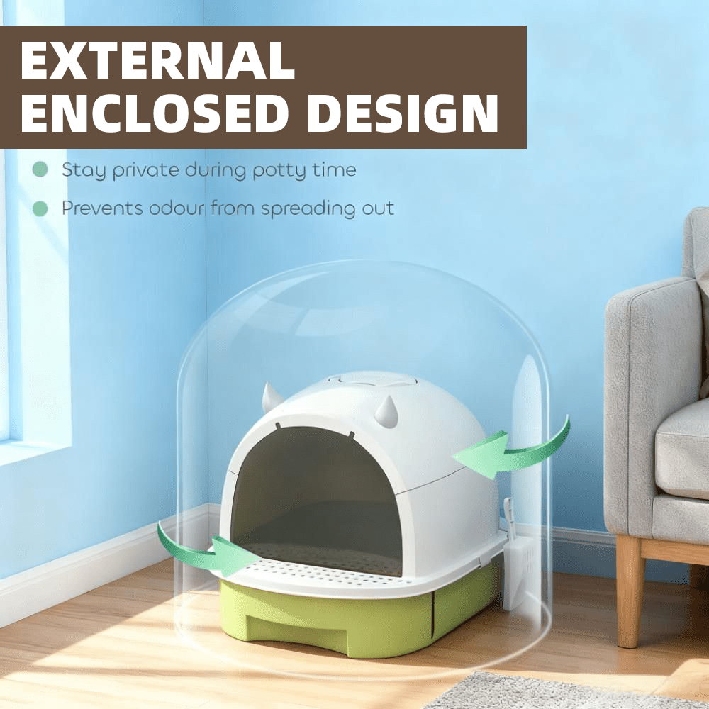 LUMAMIN Cat Litter Box, Cute Arched Litter Boxes with Lid, Scoop, Deodorizing Bags, Odor Control and Litter Retention Pedal for Cats under 10 lbs,  15.9" x 20.5" x 15.4" inches, Green White