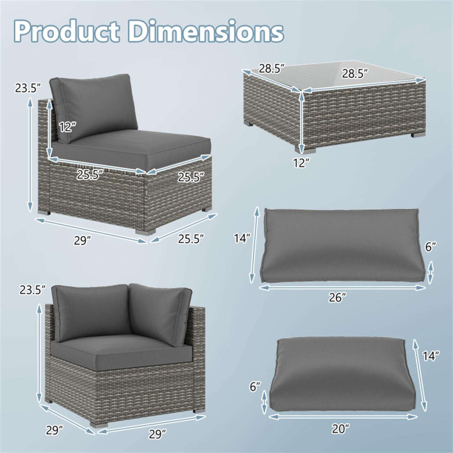 Demi Bonn 5-Piece Outdoor Patio Furniture Sets Sectional Sofa Couch and Glass Coffee Table with Cushions for Yard, Pool or Backyard, Gray