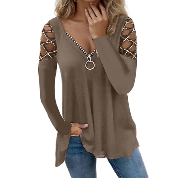 Womens Long Sleeve Cutout Rhinestones Tops Zipper V-Neck Sexy Solid Sparkle Loose Blouse