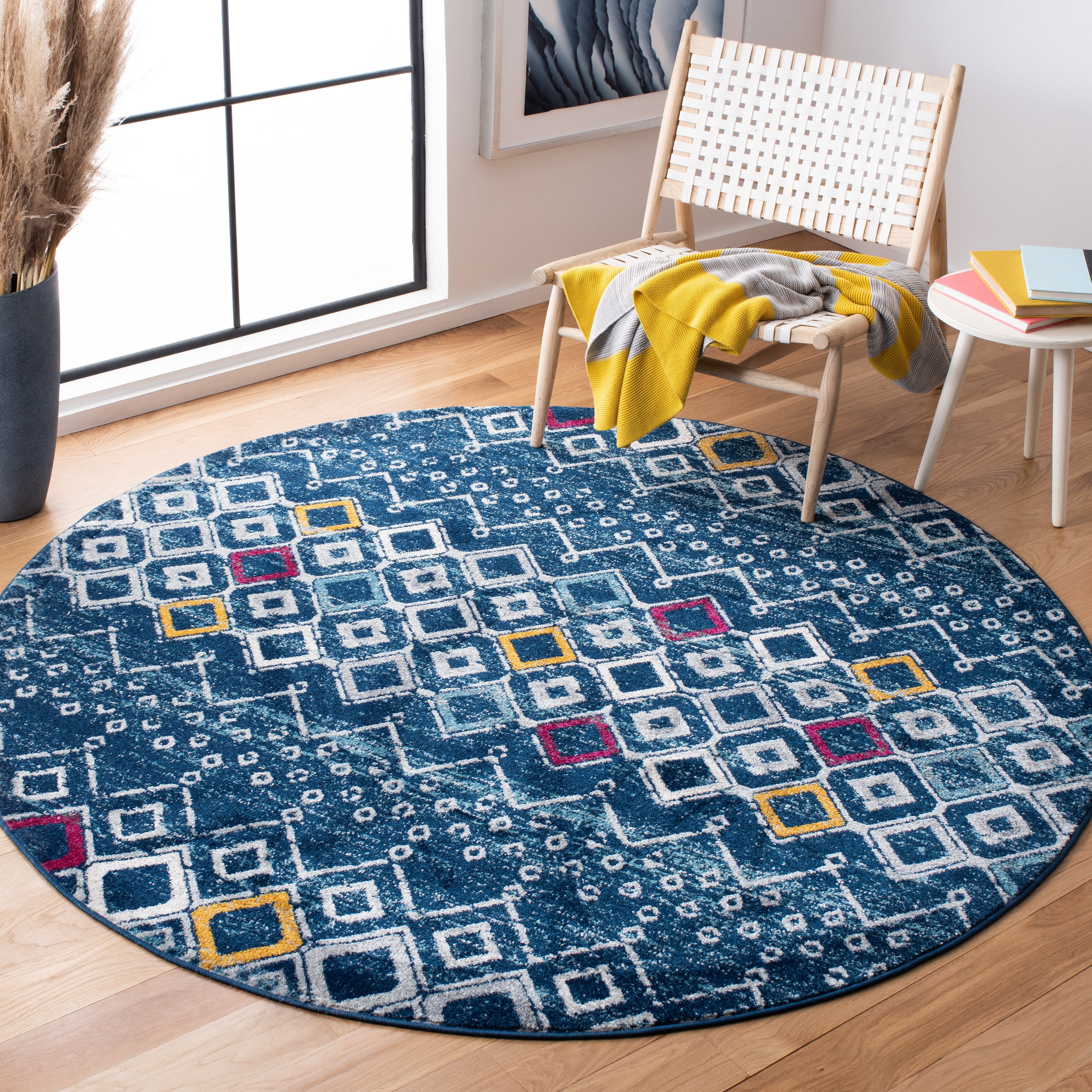 Safavieh Amsterdam Gladwin Geometric Area Rug, Navy/Turquoise, 5'1" x 5'1" Round