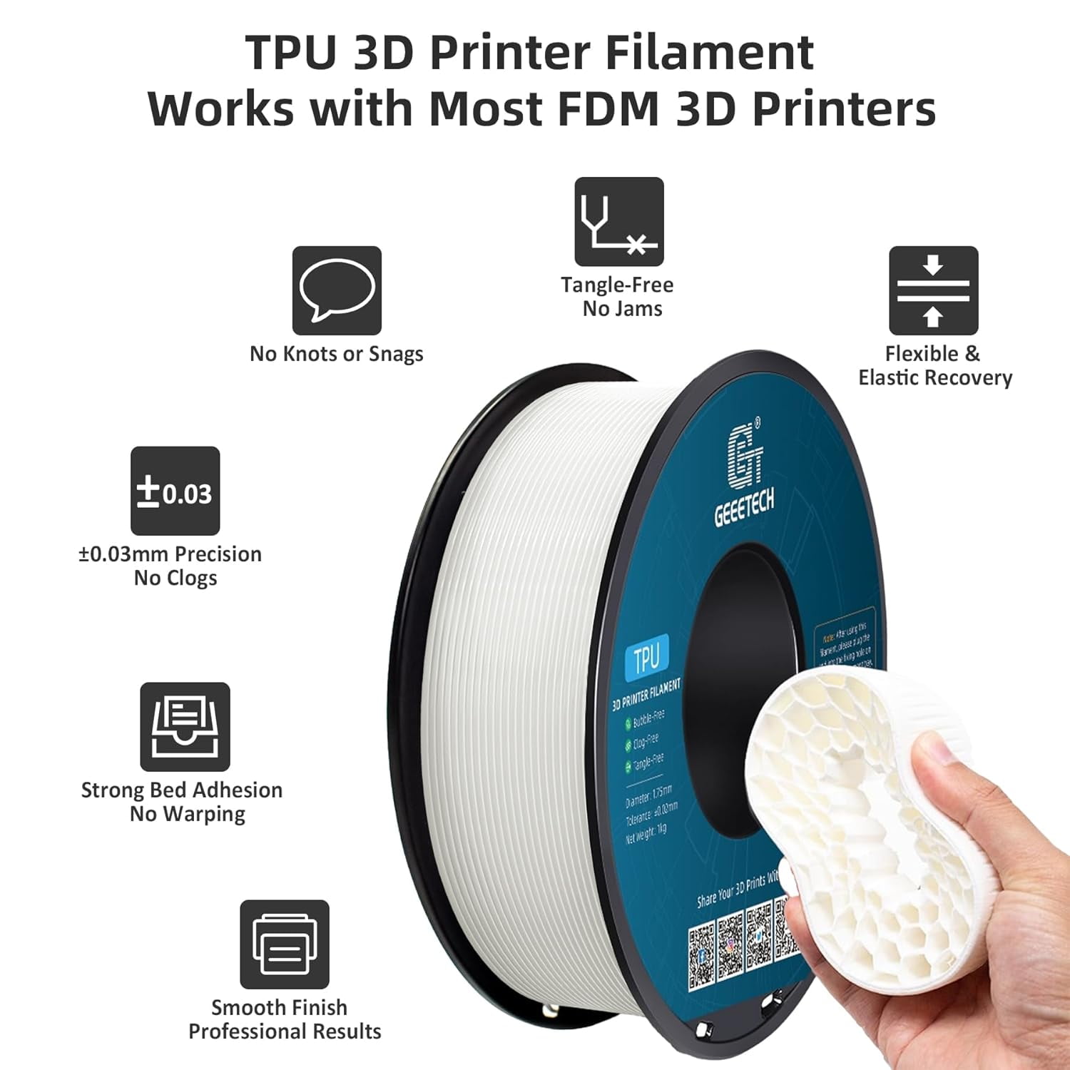 TPU Filament 1.75mm, Shore 95A – Flexible 3D Printer Filament with High Elasticity, 1KG (2.2lbs) Spool, Dimensional Accuracy ±0.03mm, Fits Most FDM Printers (White)