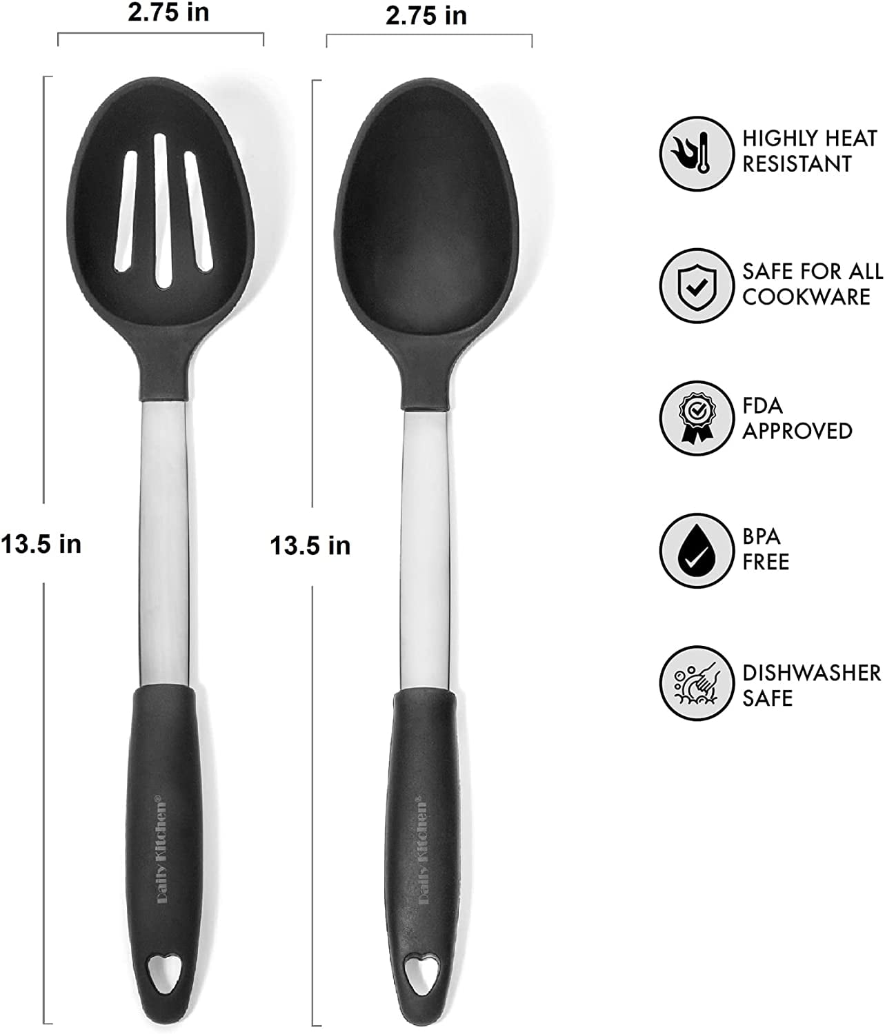 Daily Kitchen Solid Cooking Spoon Heat Resistant Silicone and Stainless  Steel Metal - Best Serving Spoon with Rubber Grip - Flexible Silicone Spoon