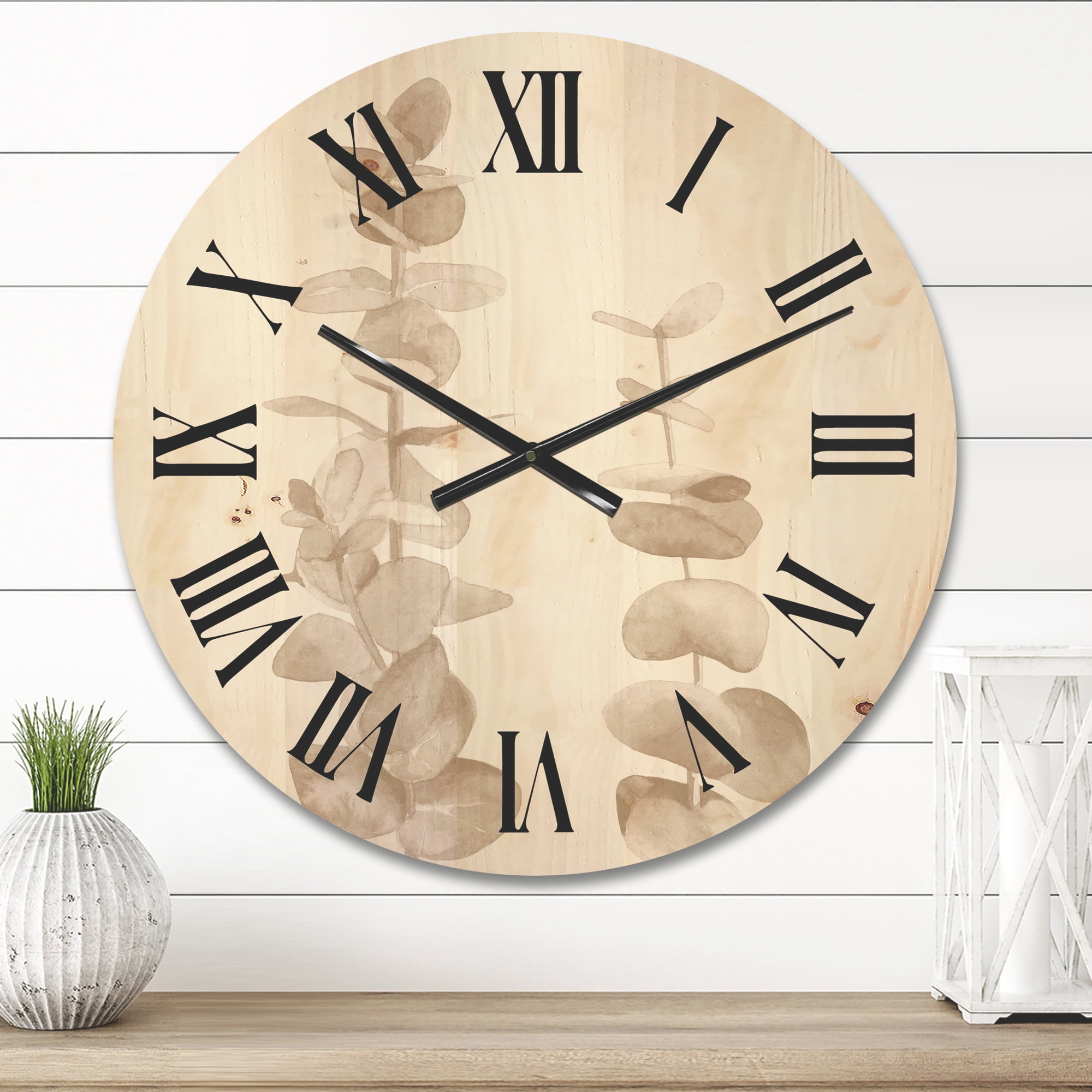 Designart 'Grey Eucalyptus Branches On White' Traditional Wood Wall Clock