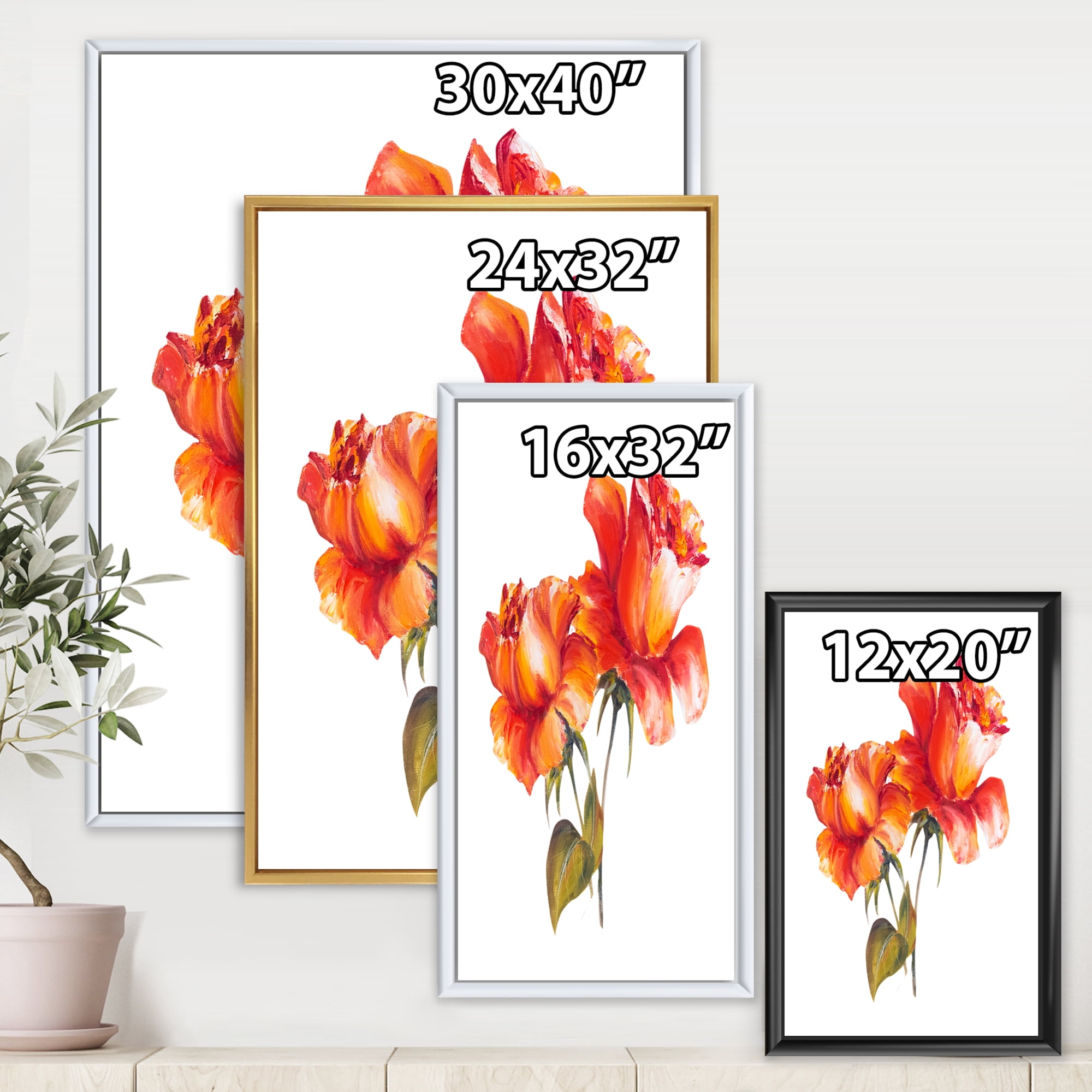 Designart 'Two Blossoming Red Roses On White' Traditional Framed Canvas Wall Art Print