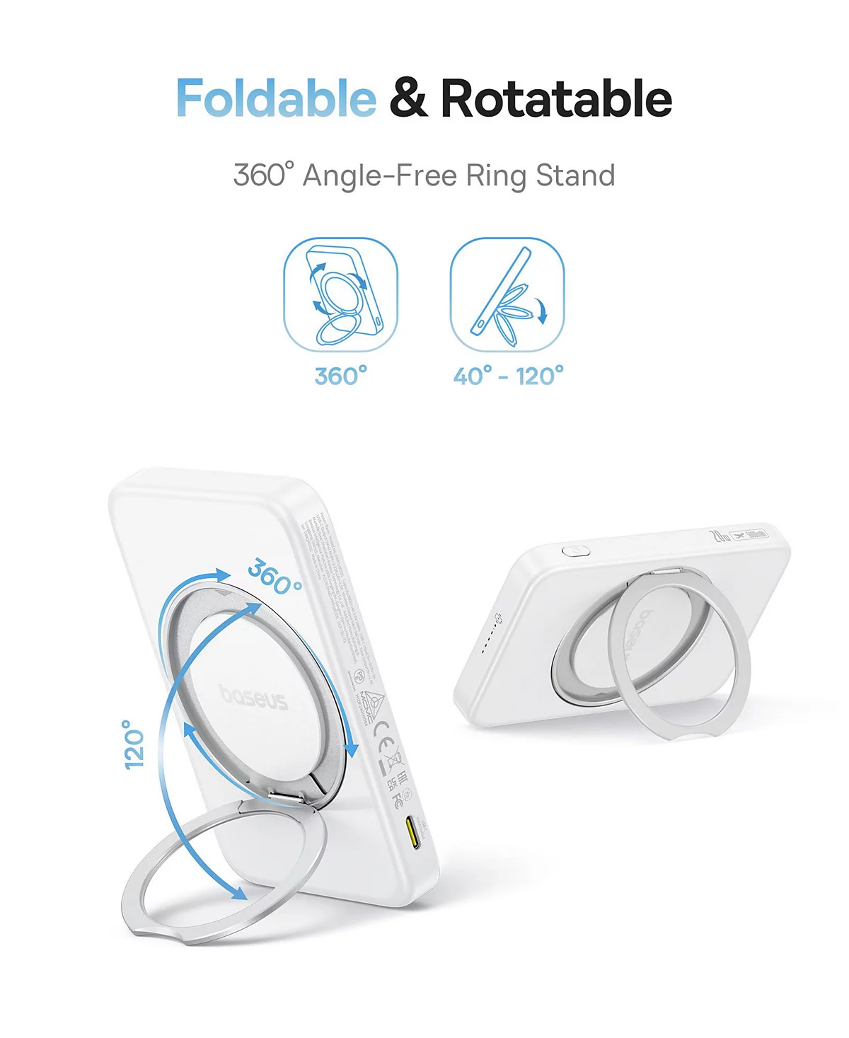 Baseus Qi2 MagSafe Power Bank, PicoGo 5000mAh Wireless Portable Charger with 360° Rotatable Ring Stand, Magnetic Power Bank for iPhone 16/15/14,White