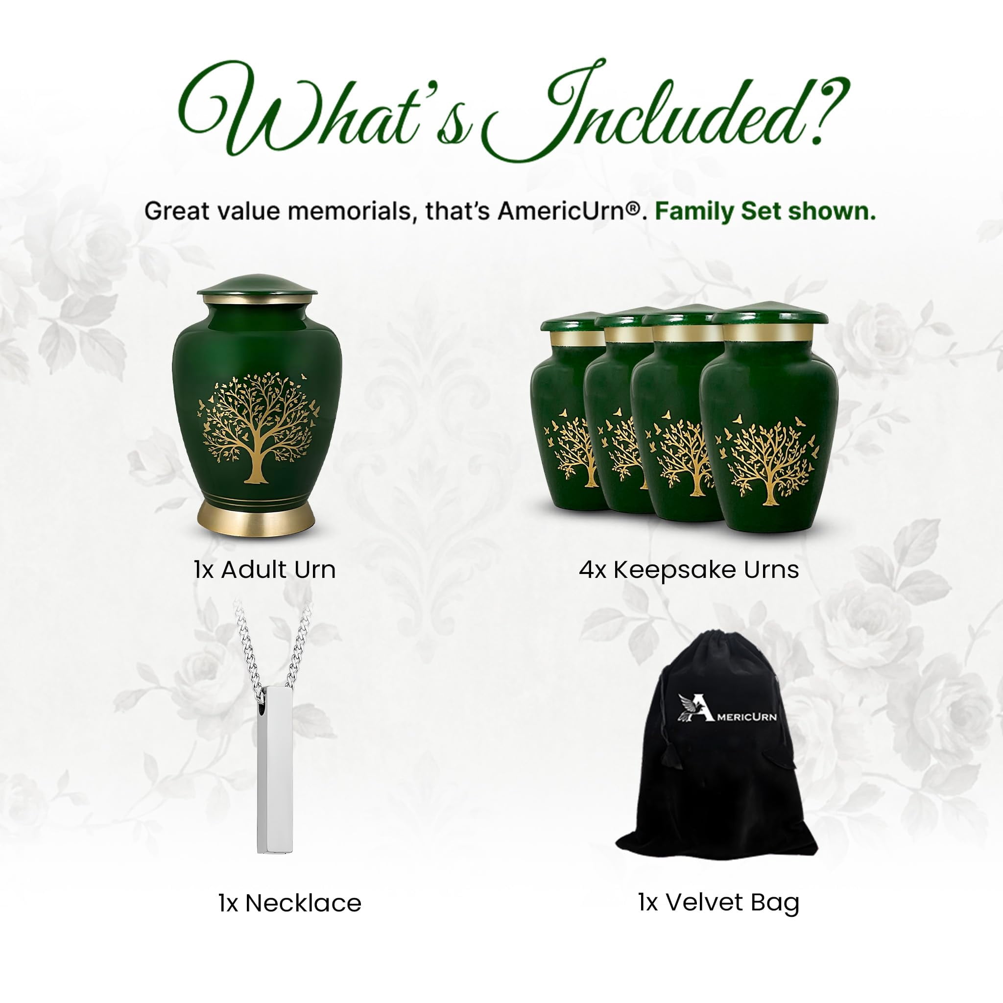 AmericUrn Green Tree of Life Cremation Urns for Human Ashes – Adult Female and Male Memorial Set of 6 with 1 Large Urn, 4 Keepsake Urns & 1 Necklace Urn