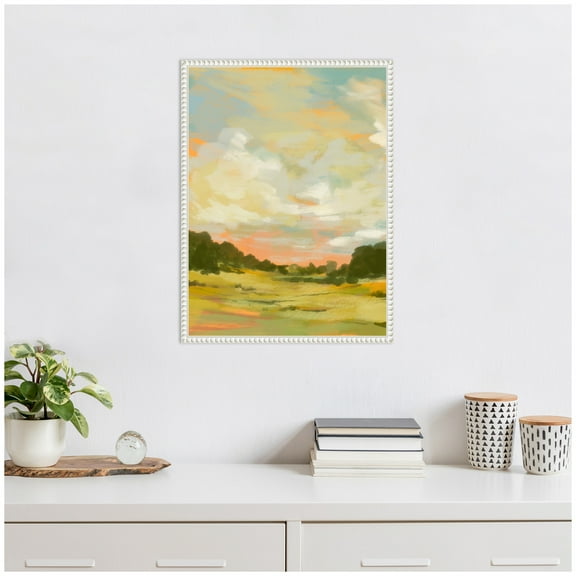 Kate and Laurel Landscape 2 Framed Canvas Wall Art by Annie Quigley 18 x 24 Sylvie Beaded White, Transitional, Landscapes, Nature Art for Wall Decor, Living Room, Bedroom