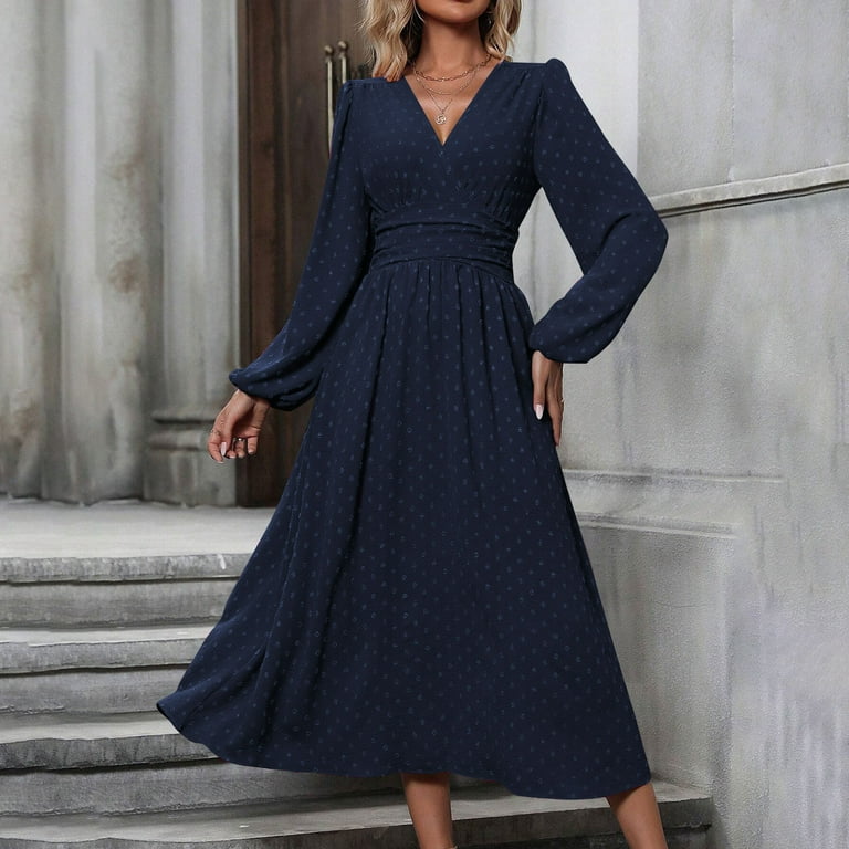 Mrat Summer Wedding Guest Dress Womens Chiffon Cocktail Maxi Dress, Long Sleeve V Neck Chiffon A-Line Flowy Wedding Guest Dresses Summer Wedding Guest