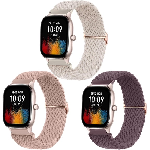 SZSZ 3 Pack Braided Stretchy Watch Bands for Amazfit Active 2/GTS/GTS 2/GTS 2e/GTS 2 Mini/GTS 3/GTS 4 Mini/GTS 4/GTR Mini, Elastic Nylon Strap for Amazfit Bip 3 Pro/Bip U Pro/Bip Lite