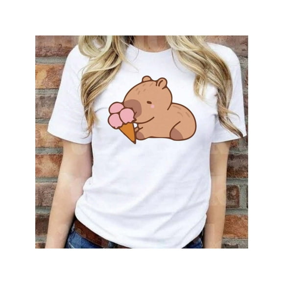Playera blusa De Capybara Comiendo Helado Capibara Ropa De Mujer Chic Color Blanco Talla Grande Marca Emil SaEs