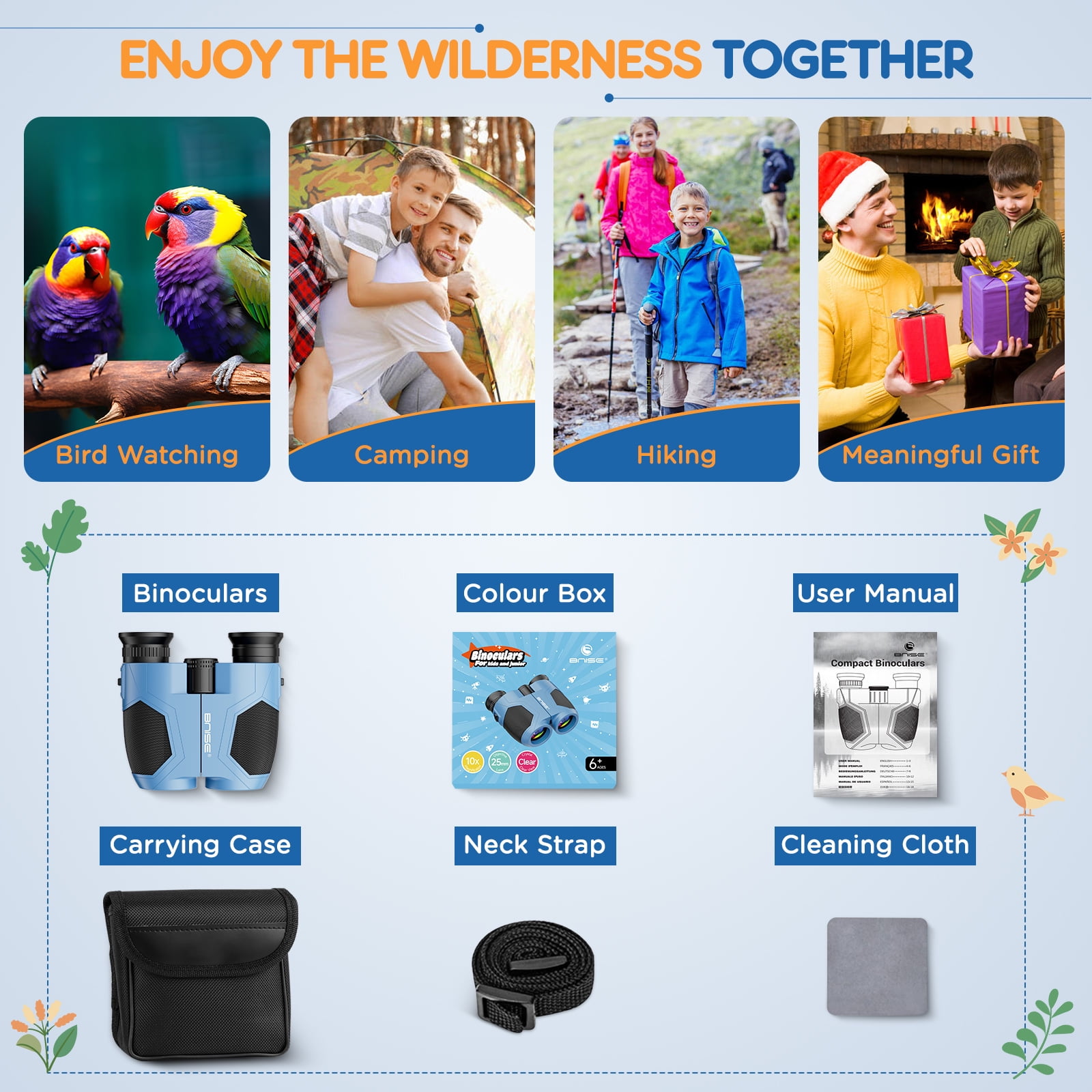 BNISE 10x25 Compact Binoculars for Adults and Kids- Small Binoculars for Travel Bird Watching Waterproof/Easy Focus/High Powered/ Low Light Vision-Blue