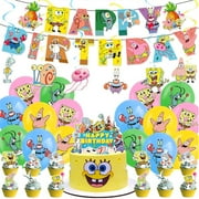 WOLINGYU 54 Pcs Spongebob Birthday Party Decorations, Cartoon Spongebob Birthday Party Supplies Set Include Happy Birthday Banner, Cake Cupecake Toppers, Latex Balloons, Hanging Swirls for Kids