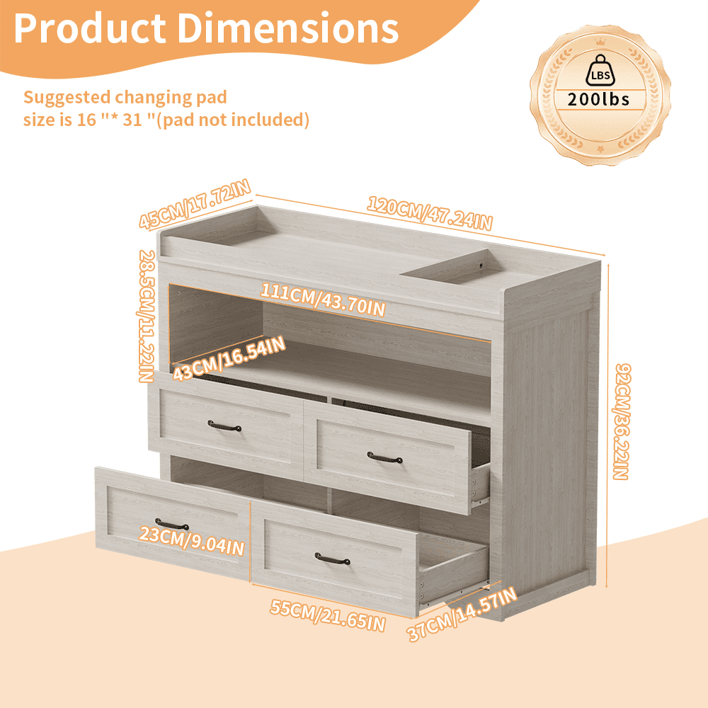 Baby Changing Table Dresser Nursery Chest with Storage-Infant & Toddler, 4 Drawers and Open Storage Space, Beige