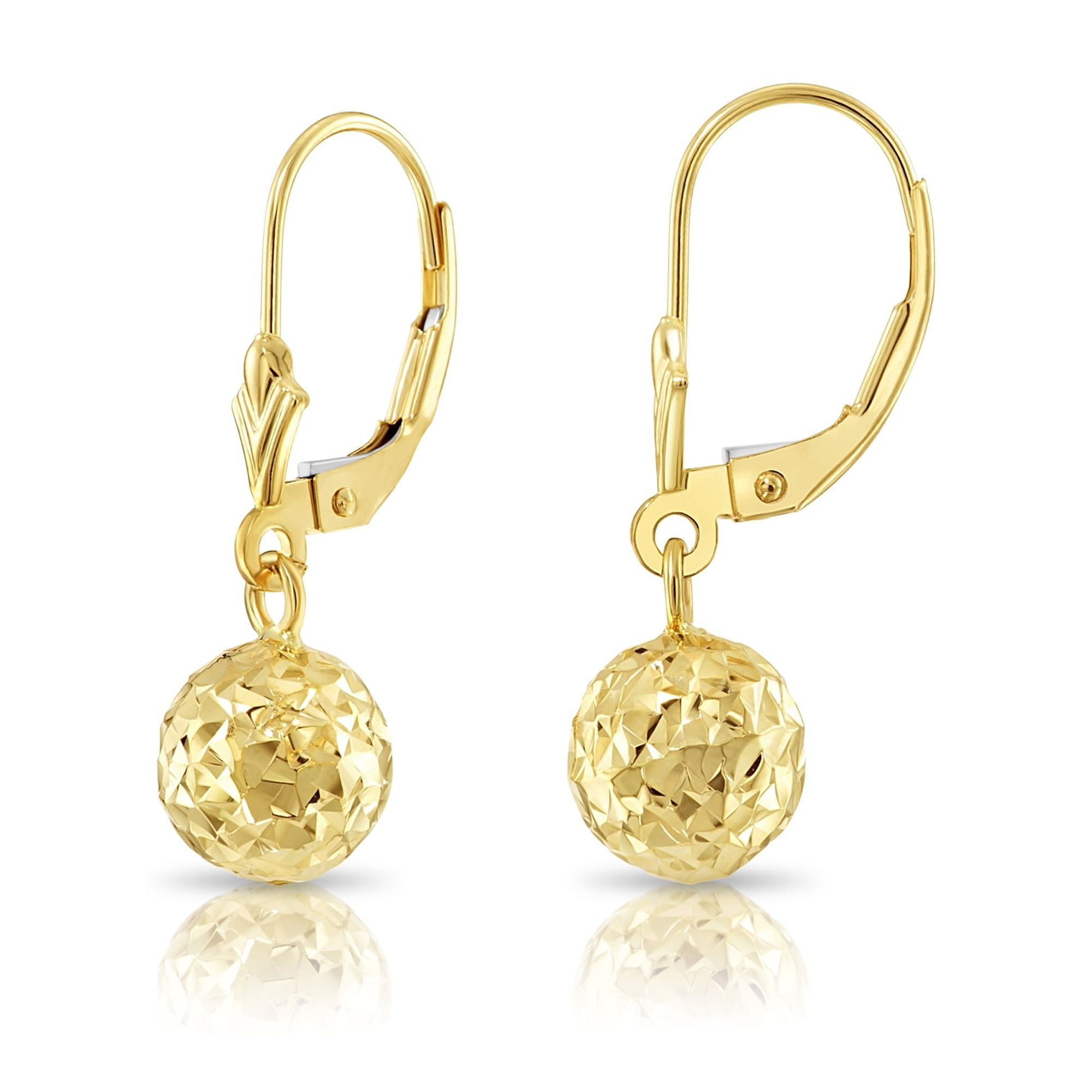 Tilo Jewelry 10K Yellow Gold Diamond-Cut Ball Drop Dangle Earrings with Secure Leaver-Backs | 7mm | Everyday Earrings for Women & Unisex