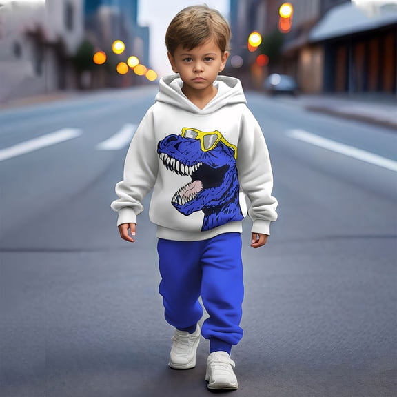 Letdown Toddler Baby Boy Clothes Set Long Sleeve 2 Piece Dinosaur Print Hoodie and Elastic Waist Sweatpants Fall Winter Lined Outfits for Boys (Blue,3-4 Years)
