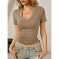 thumbnail image 5 of Summer Short Sleeved Deep V-neck Solid Color Women Slim Fit T-shirt, 5 of 6