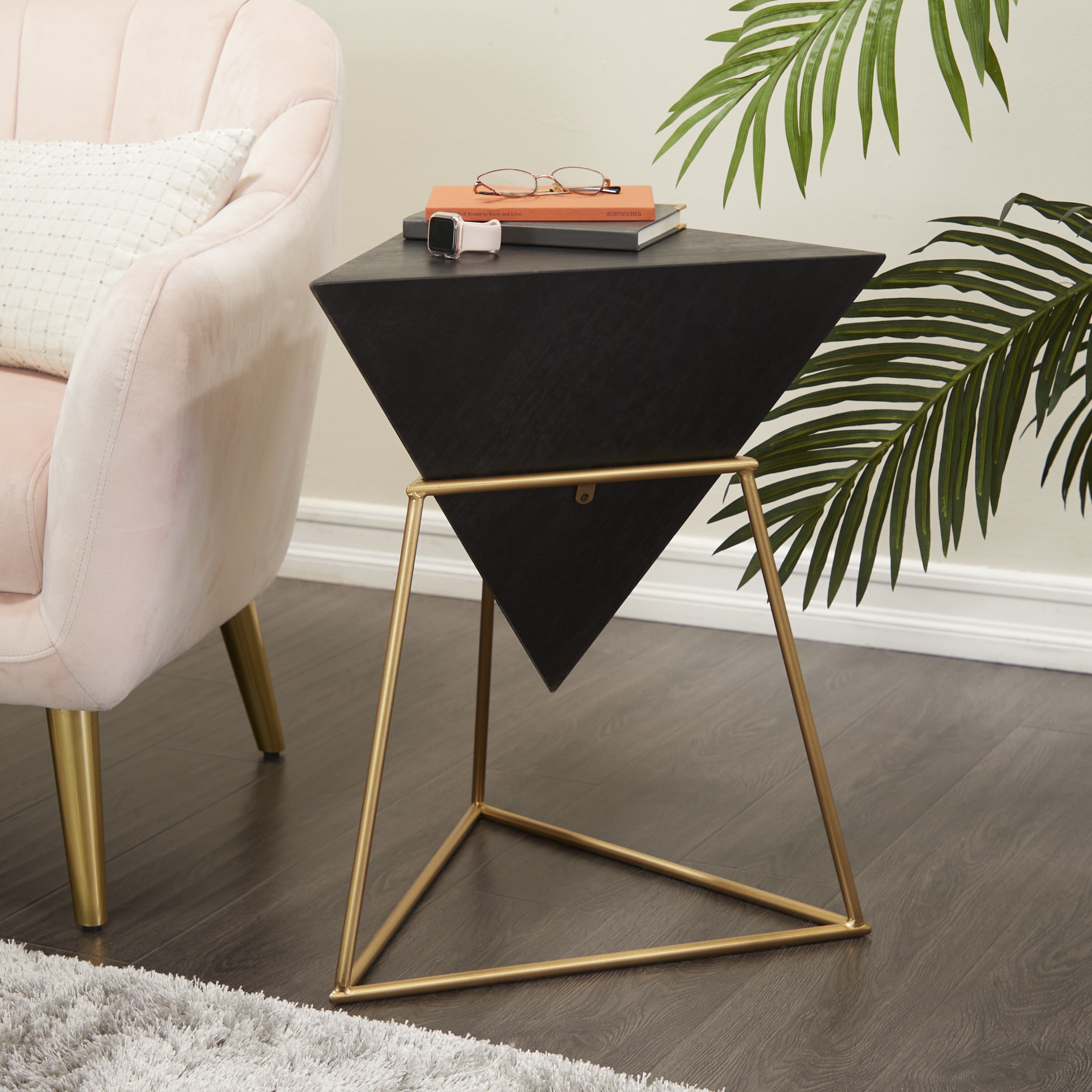 DecMode 19" x 24" Black Wood Inverted Pyramid Geometric Accent Table with Gold Metal Stand, 1-Piece