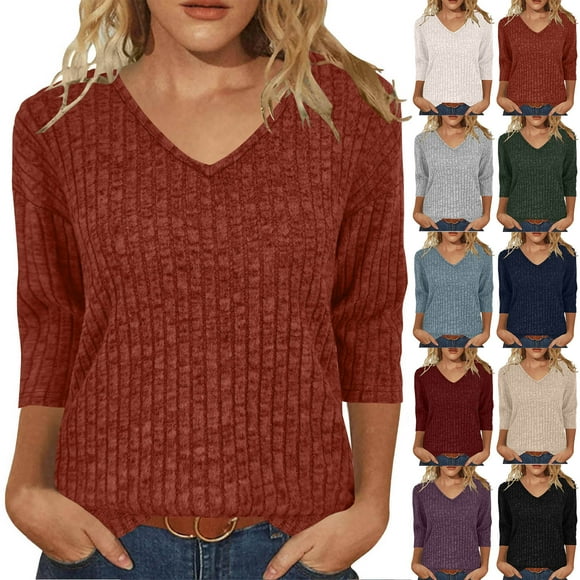 Blusa de manga larga,Camiseta de mujer con cuello en V y manga 3/4, blusa informal de color liso, de poliéster, cómoda para uso diario, sopatenor