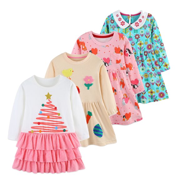 Emy Dola Toddler Girls Long Sleeve Applique Dress Fall Winter Cotton Jersey Dresses 2-7 Years Kids Christmas Cake Dress