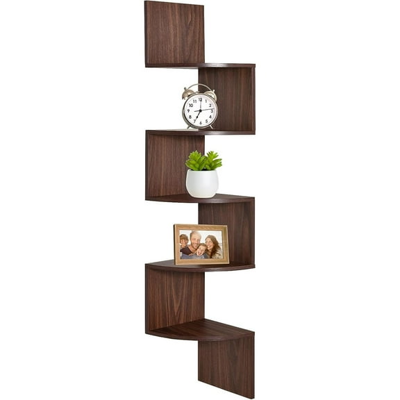 Corner Shelf, 5 Tier Floating Shelves for Wall, Easy-to-Assemble Wall Mount Corner Shelves for Bedrooms and Living Rooms, Rustic Walnut Finish