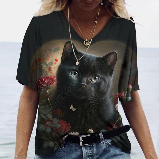 Camiseta de manga corta con estampado de gato para mujer, ropa Harajuku para mujer, Tops con cuello en V de gran tamaño, ropa de animales para mujer