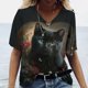 thumbnail image 1 of Camiseta de manga corta con estampado de gato para mujer, ropa Harajuku para mujer, Tops con cuello en V de gran tamaño, ropa de animales para mujer, 1 of 4