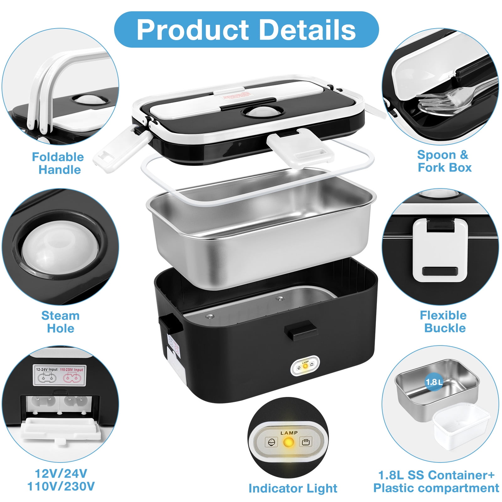 Livhil Electric Lunch Box Food Heater, Portable Food Warmer, Hot Lunch Warmer Heated Lunch Box for Adults, 60W 1.8L 12V-24V 110V Stainless Steel Container Portable Food Heater (Black+White)