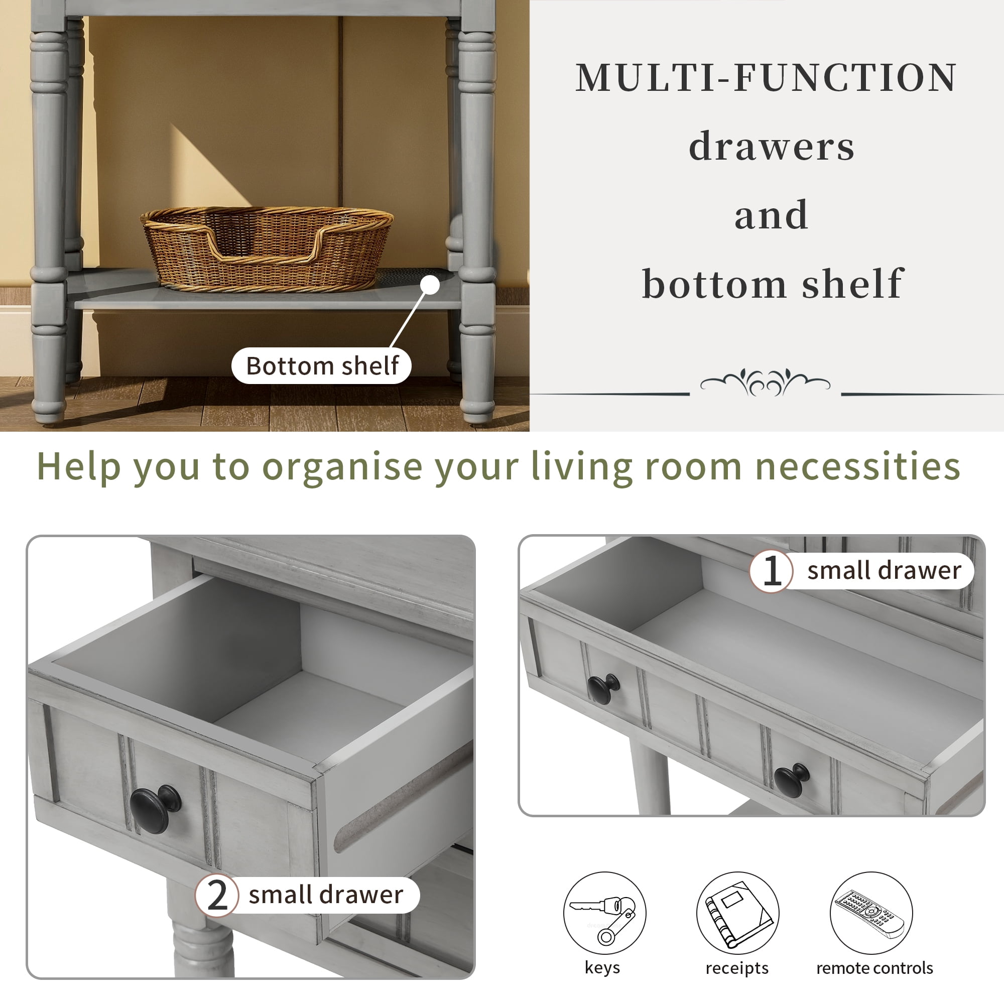 Narrow Console Table,Rustic Entryway Table Slim Sofa Table with Three Storage Drawers and Bottom Shelf,Wood Side Table for Living Room,Easy Assembly(Gray Wash)