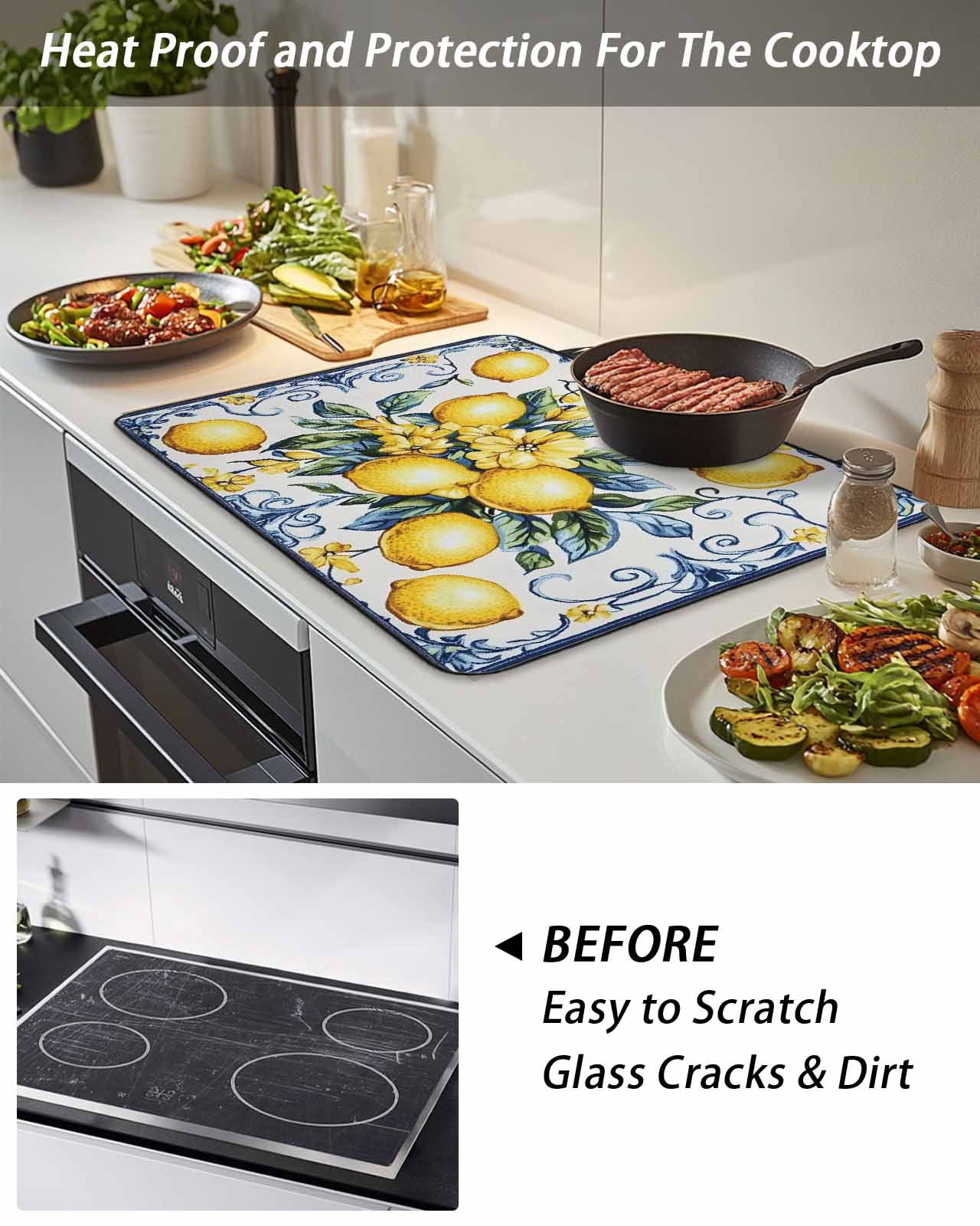 Stove Top Covers for Electric Stove, Yellow Lemon Glass Stovetop Cover Protector, Middle Century Blue Italian Textured Induction Cooktop Protector Oven Mat for Kitchen Countertop 24"x21"