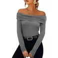 thumbnail image 2 of aidice Off the Shoulder Tops for Women Long Sleeve Slim Fitting Comfy Ruched Solid Color Tee Shirts, 2 of 8