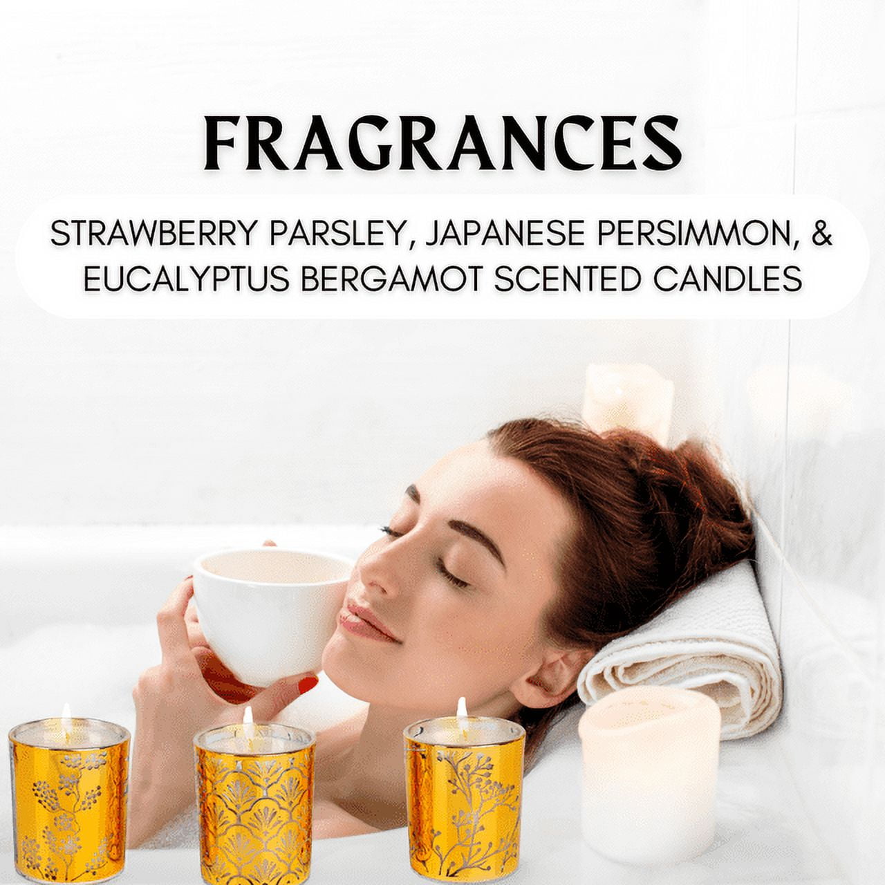 Wild Strawberry Parsley, Eucalyptus Bergamot, Japanese Persimmon Soy Wax Candle Gift Set | Aromatherapy Candle Set of 3 x 4.25 Oz Small Glass Candles, Relaxing Gift for Women, Gold Candle Party Favors