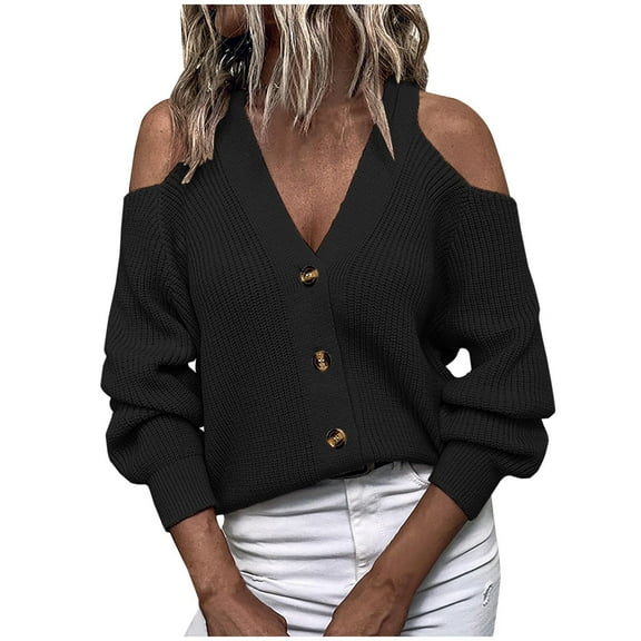 Aoochasliy Womens Sweaters Pullover Clearance Trendy Winter Solid Button V-Neck Casual Tops