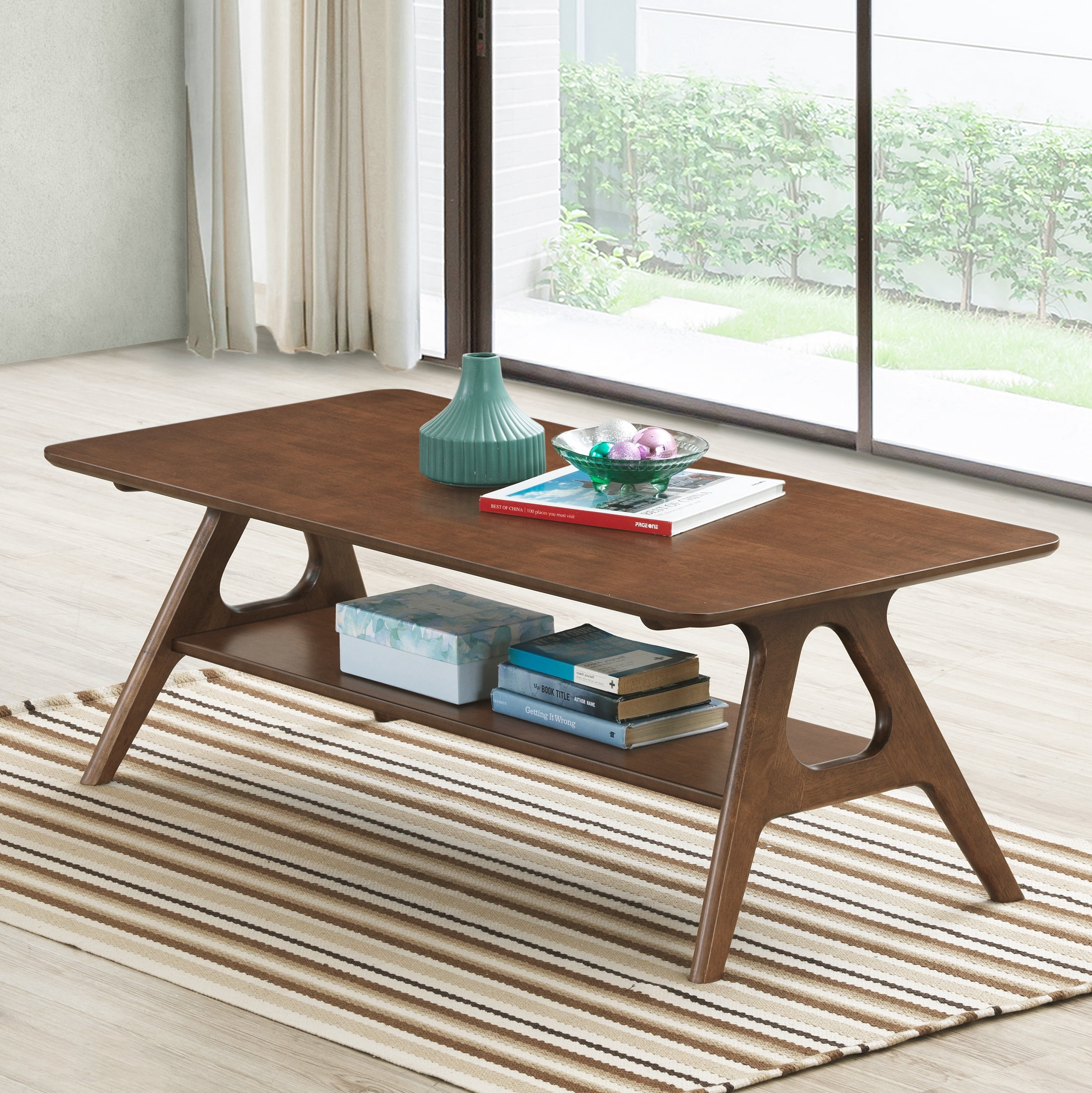 Roundhill Furniture Arona 3-Piece Coffee Table Set, Coffee Table and Two End Tables, Walnut Finish